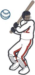 Cartoon baseball player in white uniform with red stripes ready to swing a bat, bright and sporty design.