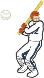 Cartoon baseball player swings yellow bat in spring, wearing white jersey with blue accents, emphasizing action.