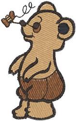 Cartoon bear in brown shorts joyfully holding a dog bone, featuring warm brown tones and a playful expression.