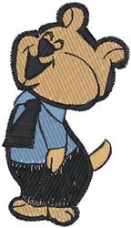 Cartoon bear character standing upright in a blue shirt and black pants, featuring a playful expression.