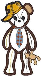 Cartoonish brown bear wearing a yellow cap and blue tie, holding a toy bear, perfect for children's apparel.