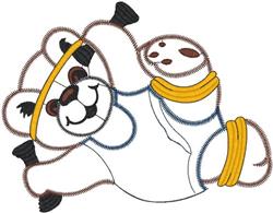 Playful cartoon bear lifting dumbbells and using yellow resistance bands, showcasing joy and energy.