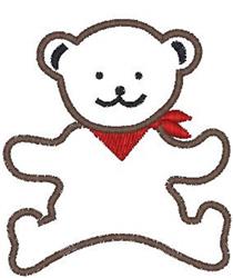 Cute bear face with a smiling expression, red scarf, and brown outline stitching, perfect for playful embroidery projects.