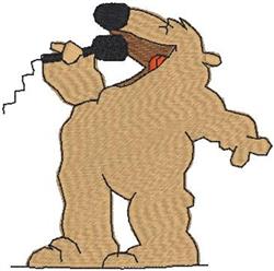 Cheerful bear singing into a microphone, featuring playful expressions in a cartoonish style.