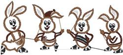 Playful bunnies in brown thread with hats, engaging in spring antics, perfect for cheerful embroidery projects.