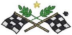 Crossed checkered flags in black and white with green laurel leaves and a gold star, featuring a sporty design.