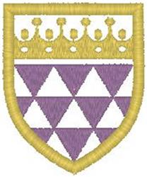 Heraldic shield design with a crown, featuring bold triangular sections in purple and white, framed in gold.