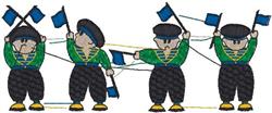 Four cartoon dancers in colorful outfits joyfully wave blue flags, showcasing a playful, vibrant scene.
