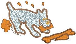 Playful dog with a white and blue pattern energetically chasing a brown bone, enhanced with vibrant motion lines.