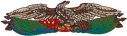 Realistic eagle perched on lush green foliage, featuring intricate detailing and vibrant colors, captures wildlife beauty.