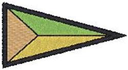 Geometric triangle with vibrant green, yellow, and brown segments, boldly outlined in black.