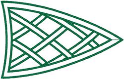 Modern geometric shape featuring a green triangular woven design with intersecting lines, perfect for minimalist décor.