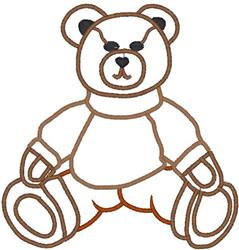 Playful teddy bear outlined in warm brown with black facial features, seated in a cuddly posture.