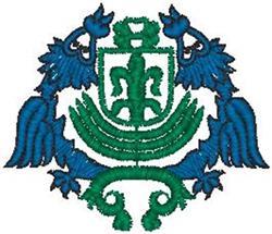 Heraldic emblem featuring a central shield with two detailed blue eagles and intricate green scrolls, perfect for formal occa