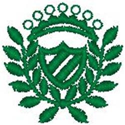Shield with laurel leaves in green hues, featuring a decorative ring and structured design for a formal look.