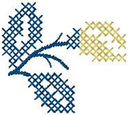 Cross stitch leaf motif featuring dark blue leaves with yellow accents in a modern geometric style.