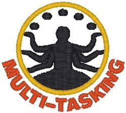 Cartoonish multitasking figure with multiple arms in bold black silhouette within a yellow circle, featuring orange text belo
