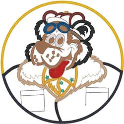 Playful cartoon bear in a pilot's jacket and blue goggles, framed in a yellow circle.