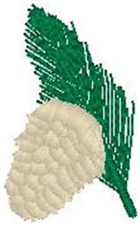 Realistic embroidery of a textured light cream pinecone atop a green pine needle branch, celebrating autumn.