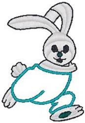 Playful cartoon rabbit with white fur, black features, and blue outfit, running for Easter cheer.
