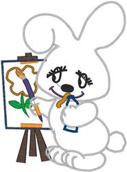 Playful cartoon rabbit painting a flower on an easel, featuring large eyes and a cheerful smile.