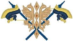 Ornate heraldic design featuring a stylized eagle and crossed lances, in rich gold and blue colors.