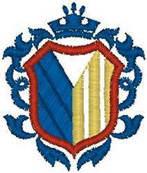 Detailed shield with blue and yellow sections edged in red, topped with a crown and side flourishes.