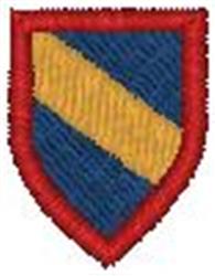 Shield emblem with a bold blue background, gold diagonal stripe, and red border, ideal for machine embroidery.