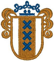 Stylized shield emblem featuring a golden outline, three blue crosses, and an ornate blue crown with swirling golden motifs.