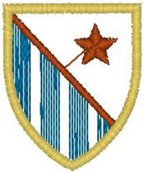 Heraldic shield emblem with yellow outline, blue stripes, and an orange star, featuring bold colorful design.