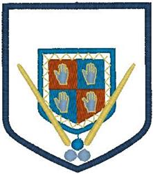 Shield emblem with stylized blue and orange hands, detailed dark blue outline, and crossed yellow sticks.