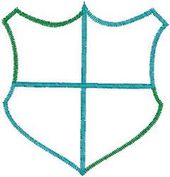 Shield outline in blue and green, featuring simple line art with four sections, ideal for minimalist designs.