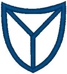 Modern shield design with a deep blue outline, symmetrical shape, and central triangular element.