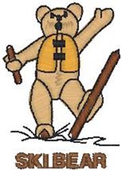 Playful skiing bear in a bright yellow life jacket, holding ski poles on snow, perfect for winter apparel.