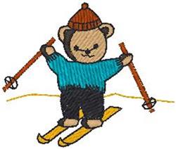 Playful bear in a blue sweater and brown hat skiing on yellow skis, holding poles against a snowy background.