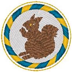 Cartoonish brown squirrel in a playful pose, enclosed in a circular frame with a blue and yellow braided border.