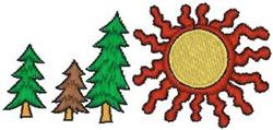 Playful sun in vibrant red with golden center, surrounded by green and brown trees in a simple outdoor scene.
