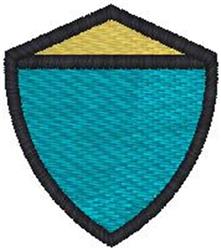 Applique teal shield with bold black outline and bright yellow triangle, showcasing a modern, minimalist design.