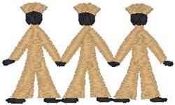 Three playful human figures in beige outfits holding hands, outlined in black, celebrating unity and connection.