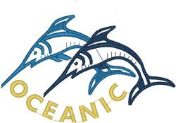 Stylized blue marlins arched in oceanic theme, with bold yellow 'OCEANIC' text below, vibrant designs.