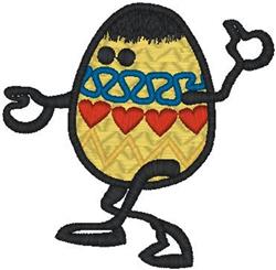 Playful egg character with arms and legs, yellow body, blue ribbon with red hearts for Easter celebrations.