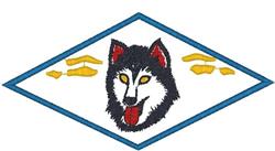Stylized wolf head with vibrant yellow eyes and striking blue outline, featuring playful yellow clouds.