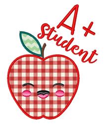 Applique red apple with a playful face, green leaf, checkerboard pattern, and 'A + Student' text, ideal for back to school.