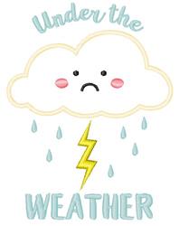Applique sad cloud with rosy cheeks, bright yellow lightning bolt, and playful raindrops in soft pastel colors.