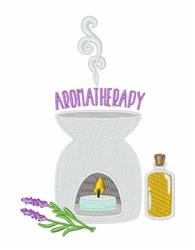 Aromatherapy diffuser with soft steam and gentle flame, accompanied by lavender sprigs and an essential oil bottle.
