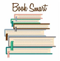 Vibrant stack of books with colorful spines and bookmarks, featuring 'Book Smart' text, whimsical design.