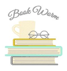 Colorful stack of books topped with round glasses and a coffee cup, creating a vibrant cozy reading nook.