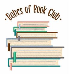 Playful stack of books with colorful spines and 'Babes of Book Club' text in cheerful brown, perfect for casual themes.
