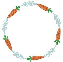 Playful circular arrangement of orange carrots with green tops and delicate blue vines, perfect for Easter decor.