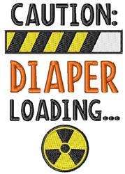 Humorous caution design with playful text 'CAUTION: DIAPER LOADING...' in bright colors for baby showers.